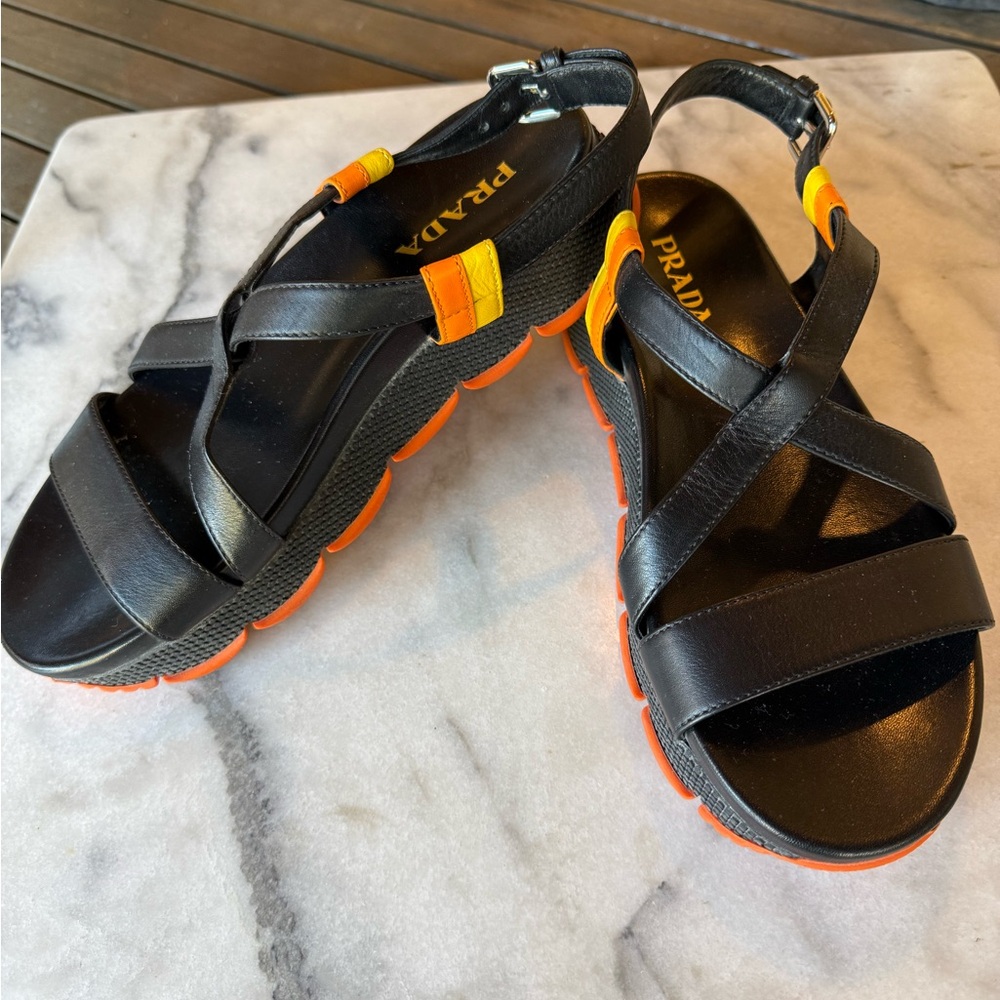Prada Black and Orange leather Sandals 36.5